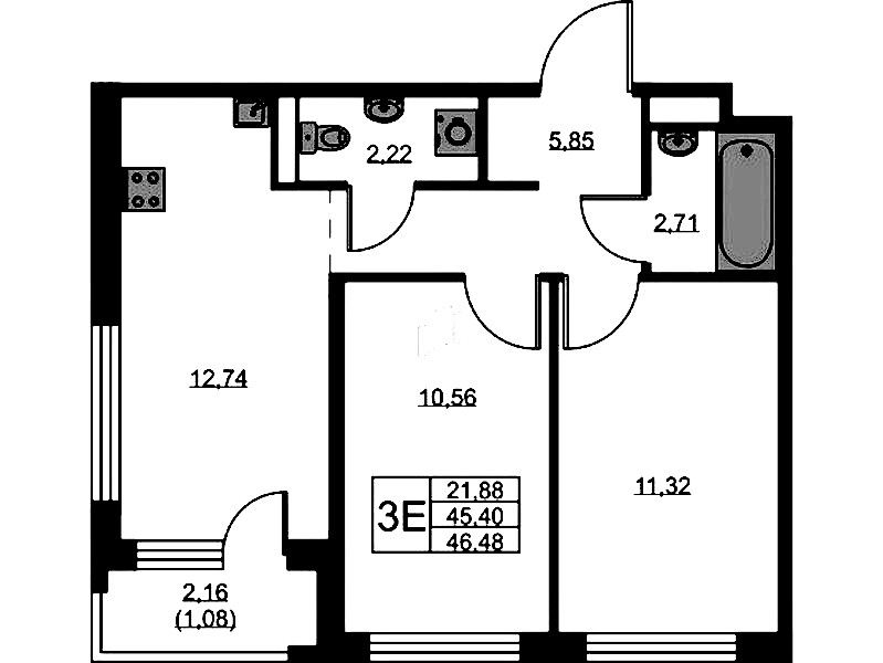 2-комнатная квартира 46.48 м², 1/9 эт., ЖК «GloraX Новоселье»